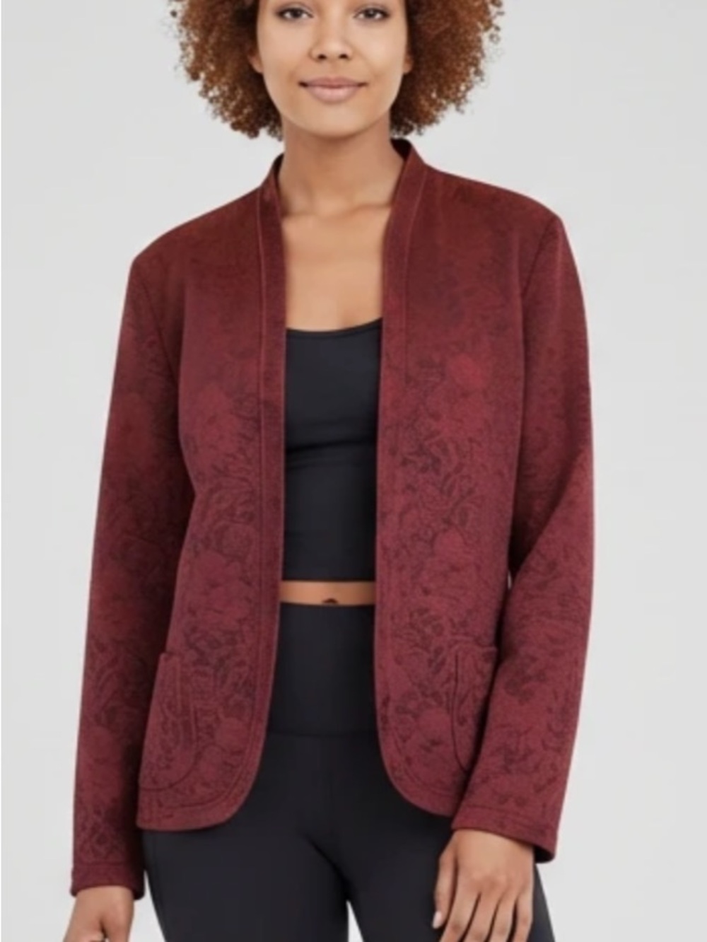 Open-Front Floral Jacquard Blazer Jacket - Burgundy
